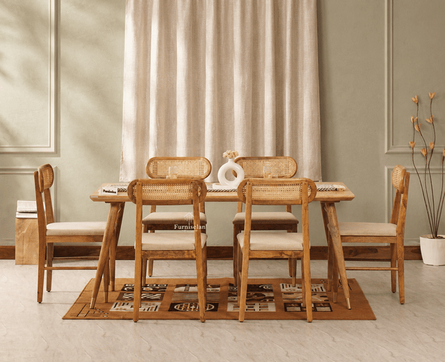 Boston Solid Wood Rattan Cane Dining Table Six Seater Set Furniselan Natural-Finish