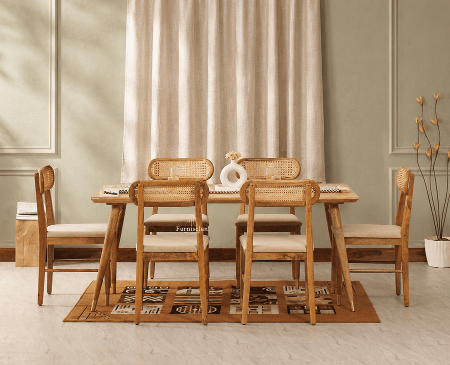 Boston Solid Wood Rattan Cane Dining Table Six Seater Set Furniselan Natural-Finish