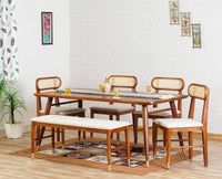 Boston Solid Wood Rattan Cane Dining Table Six Seater Set with Bench Furniselan Brown-Finish