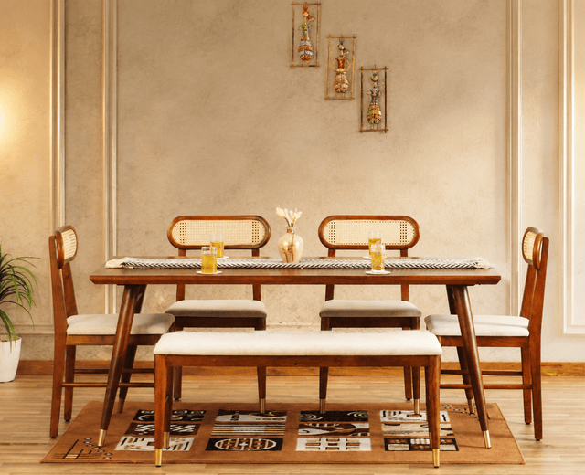 Boston Solid Wood Rattan Cane Dining Table Six Seater Set with Bench Furniselan Brown-Finish