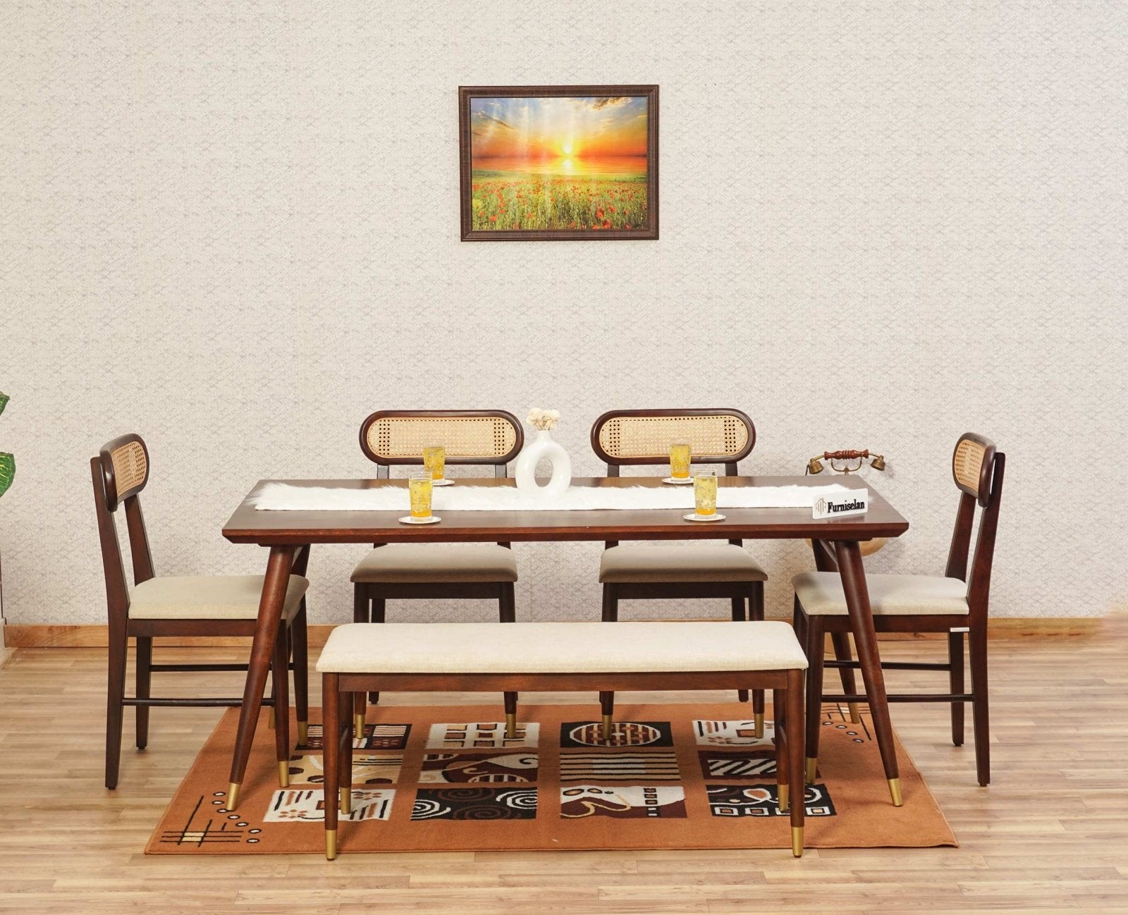 Boston Solid Wood Rattan Cane Dining Table Six Seater Set with Bench
