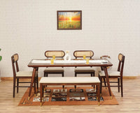 Boston Solid Wood Rattan Cane Dining Table Six Seater Set with Bench Furniselan Grey-Finish