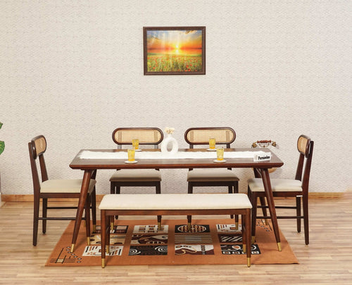 Boston Solid Wood Rattan Cane Dining Table Six Seater Set with Bench