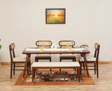 Boston Solid Wood Rattan Cane Dining Table Six Seater Set with Bench