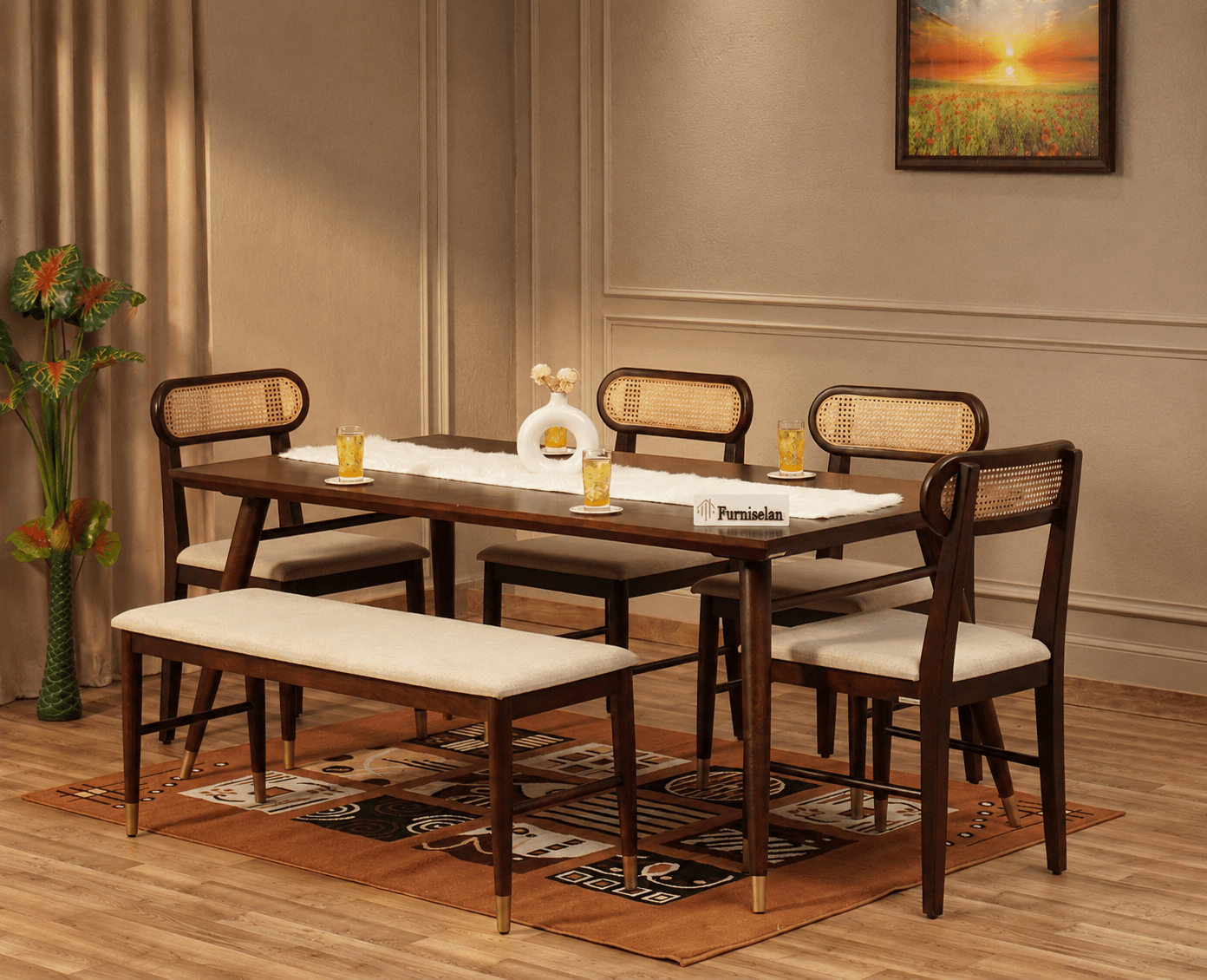 Boston Solid Wood Rattan Cane Dining Table Six Seater Set with Bench Furniselan Grey-Finish