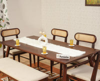 Boston Solid Wood Rattan Cane Dining Table Six Seater Set with Bench Furniselan Grey-Finish