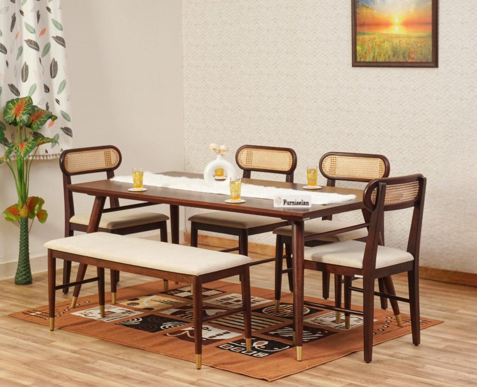 Boston Solid Wood Rattan Cane Dining Table Six Seater Set with Bench Furniselan Grey-Finish
