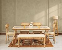Boston Solid Wood Rattan Cane Dining Table Six Seater Set with Bench - Dining Set - Furniselan Natural-Finish