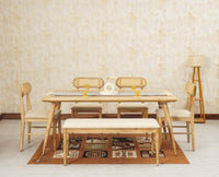 Boston Solid Wood Rattan Cane Dining Table Six Seater Set with Bench - Dining Set - Furniselan Natural-Finish