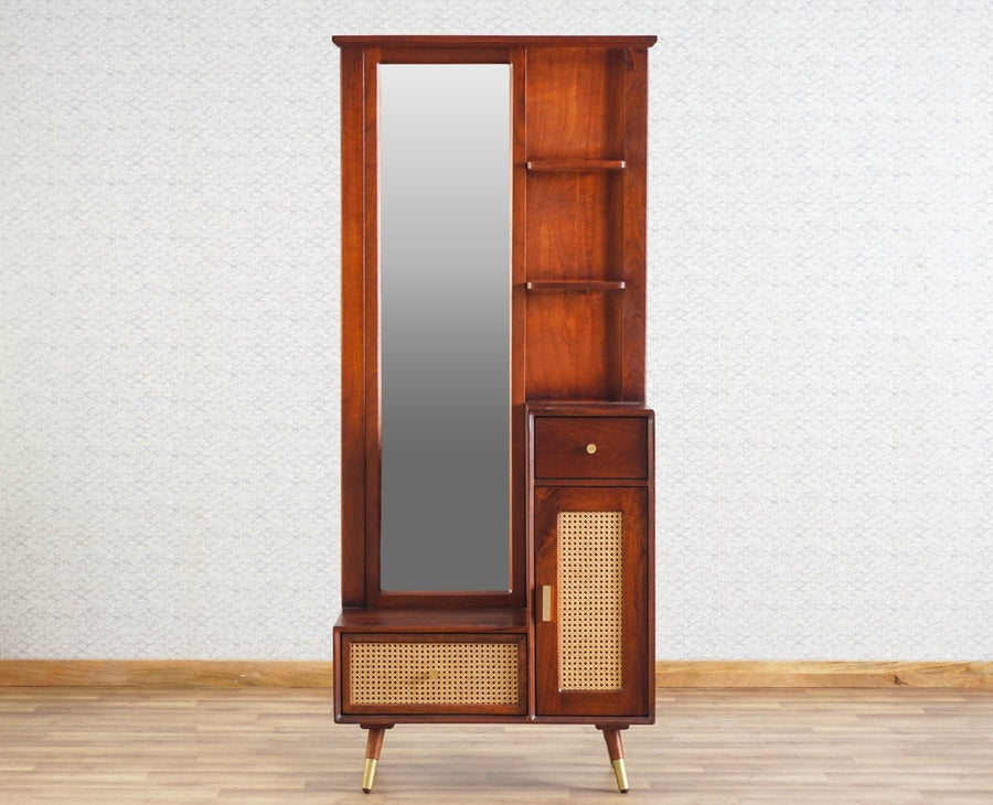 Boston Solid Wood Rattan Cane Dressing Table Furniselan Brown-Finish