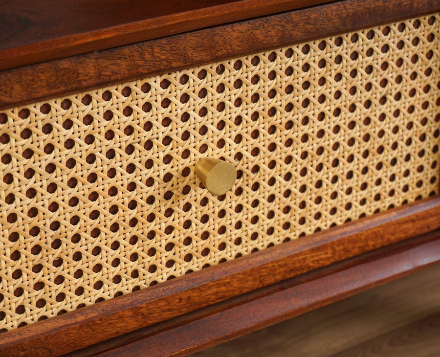 Boston Solid Wood Rattan Cane Dressing Table Furniselan Brown-Finish