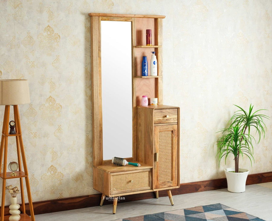 Boston Solid Wood Rattan Cane Dressing Table Furniselan Natural Finish