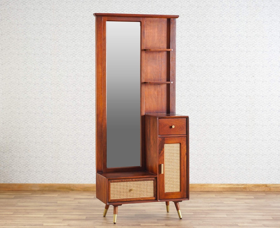 Boston Solid Wood Rattan Cane Dressing Table Furniselan Brown-Finish