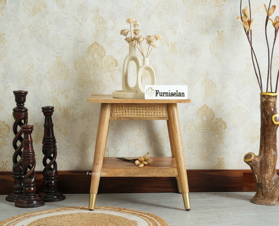 Boston Solid Wood Rattan Cane End Table Furniselan Natural Finish