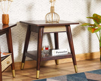 Boston Solid Wood Rattan Cane End Table Furniselan Grey-Finish