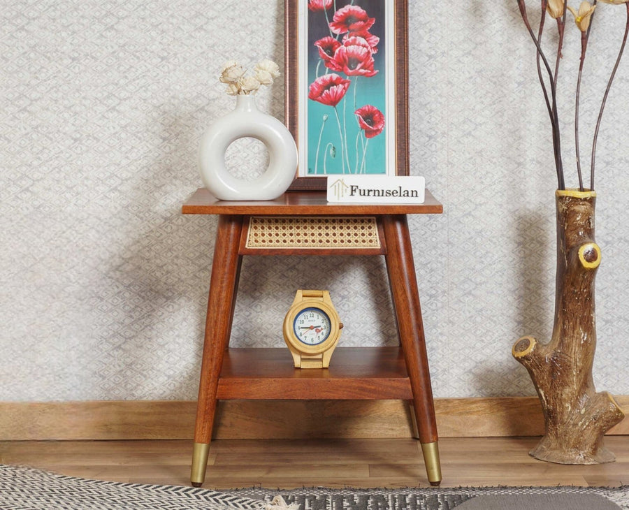 Boston Solid Wood Rattan Cane End Table Furniselan Brown-Finish