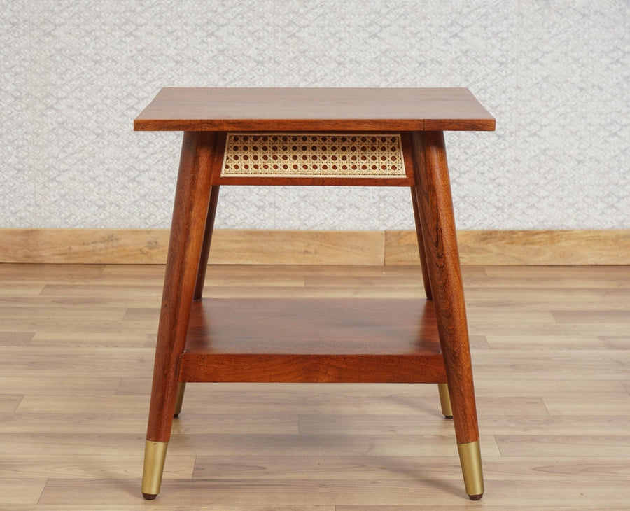 Boston Solid Wood Rattan Cane End Table Furniselan Brown-Finish