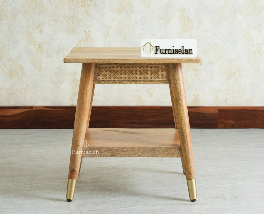Boston Solid Wood Rattan Cane End Table Furniselan Natural Finish