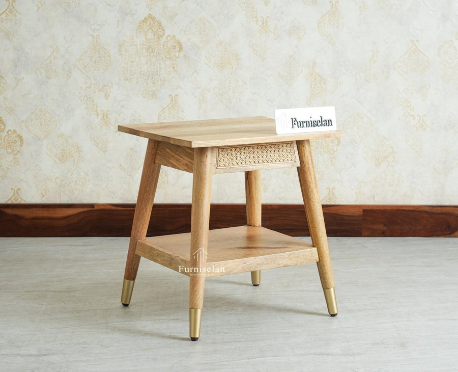 Boston Solid Wood Rattan Cane End Table Furniselan Natural Finish