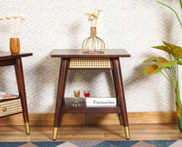 Boston Solid Wood Rattan Cane End Table Furniselan Grey-Finish