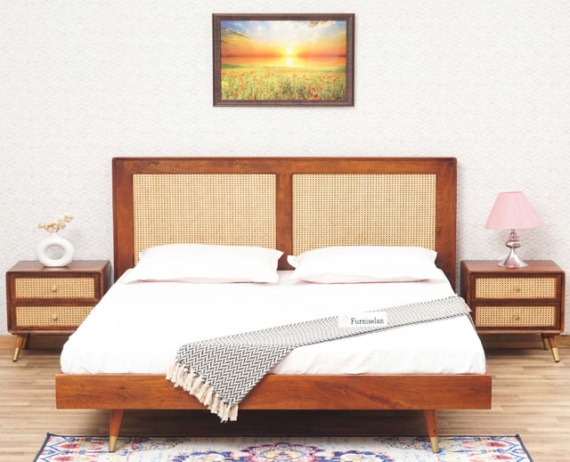 Boston Solid Wood Rattan Cane King Size Bed Furniselan Brown-Finish
