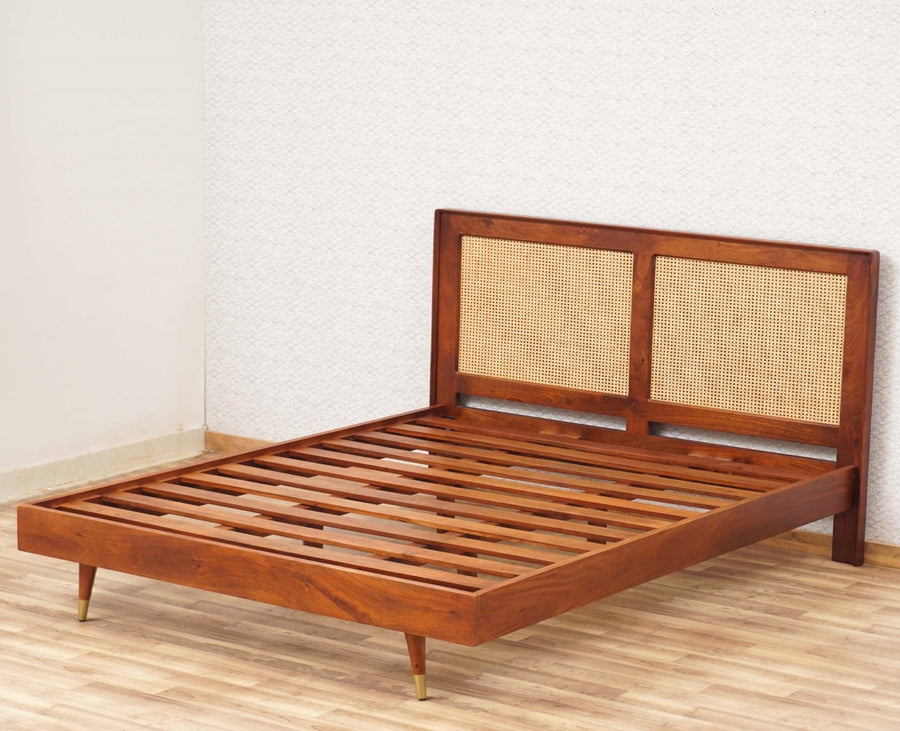 Boston Solid Wood Rattan Cane King Size Bed Furniselan Brown-Finish