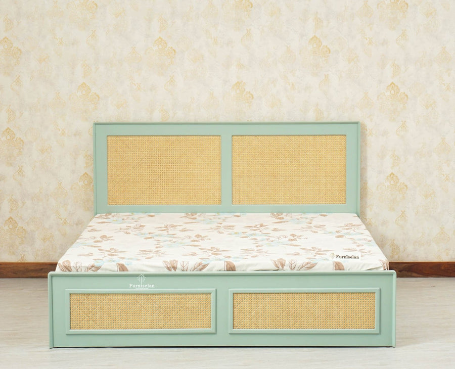 Boston Solid Wood Rattan Cane King Size Bed - King Size Bed - Furniselan  Silt-Green
