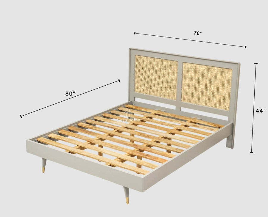 Boston Solid Wood Rattan Cane Queen Size Bed - Queen Size Bed - Furniselan Cool-Grey