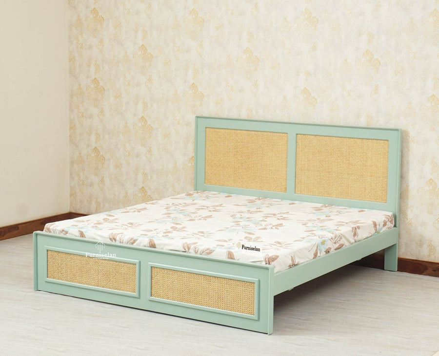 Boston Solid Wood Rattan Cane King Size Bed - King Size Bed - Furniselan  Silt-Green