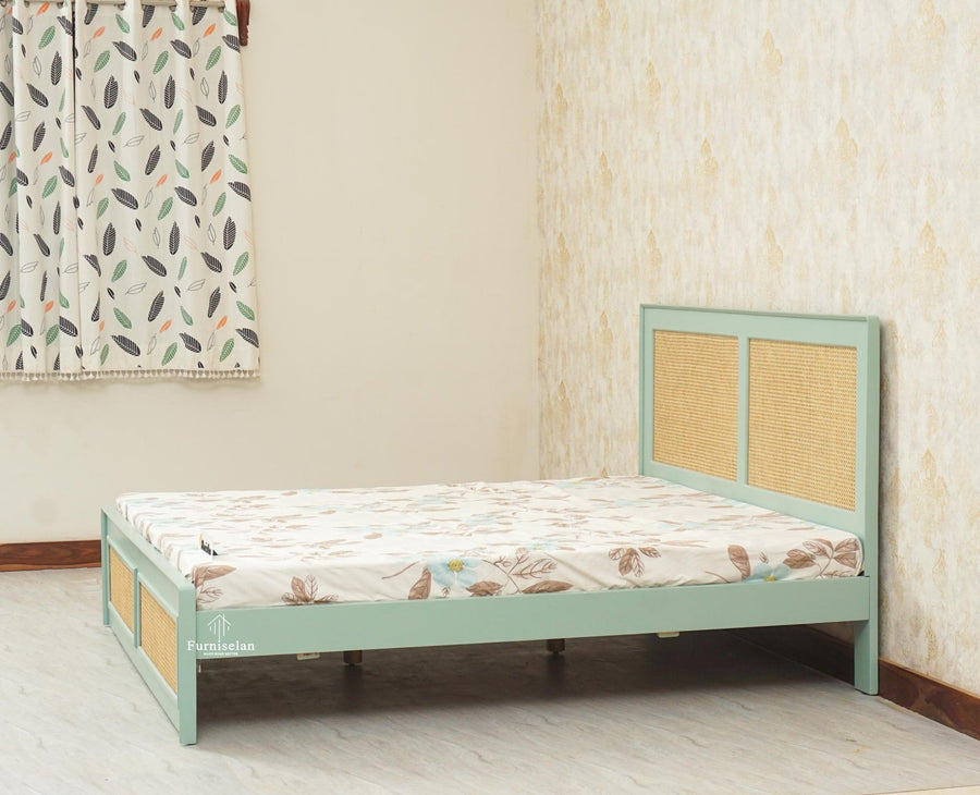 Boston Solid Wood Rattan Cane King Size Bed - King Size Bed - Furniselan  Silt-Green