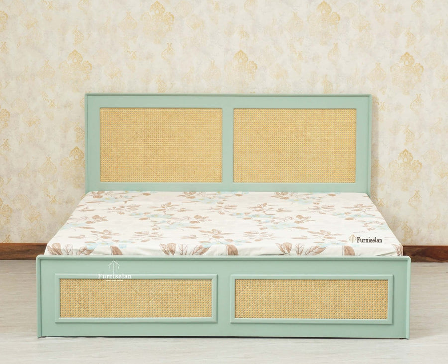 Boston Solid Wood Rattan Cane King Size Bed - King Size Bed - Furniselan  Silt-Green