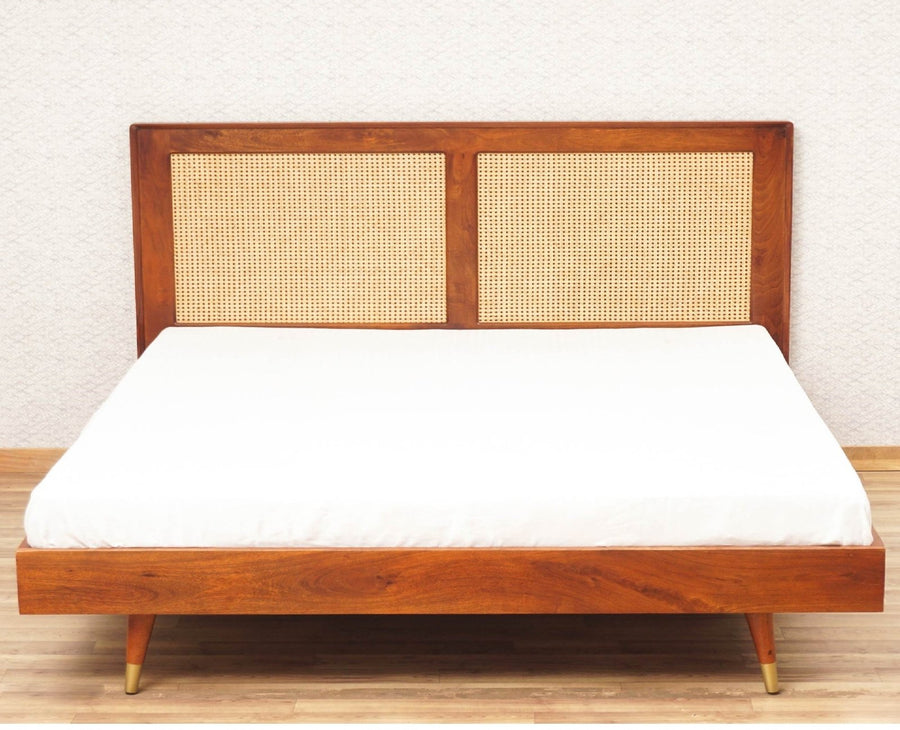 Boston Solid Wood Rattan Cane King Size Bed Furniselan Brown-Finish