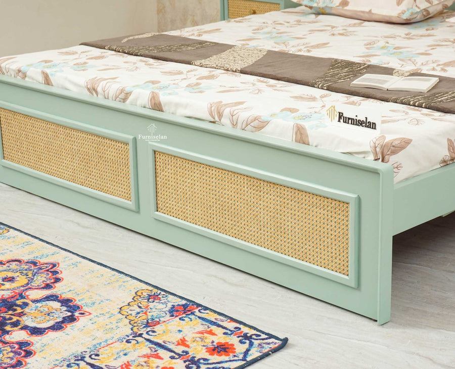 Boston Solid Wood Rattan Cane King Size Bed - King Size Bed - Furniselan  Silt-Green