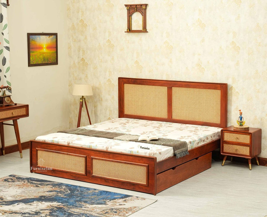 Boston Solid Wood Rattan Cane King Size Bed With Storage Drawers Furniselan brown finish