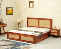 Boston Solid Wood Rattan Cane King Size Bed With Storage Drawers Furniselan brown finish