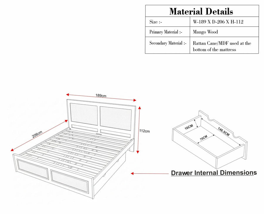 Boston Solid Wood Rattan Cane King Size Bed With Storage Drawers Furniselan brown finish