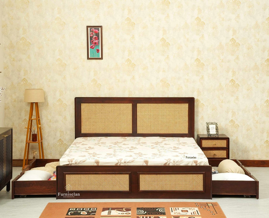 Boston Solid Wood Rattan Cane King Size Bed With Storage Drawers Furniselan grey finish