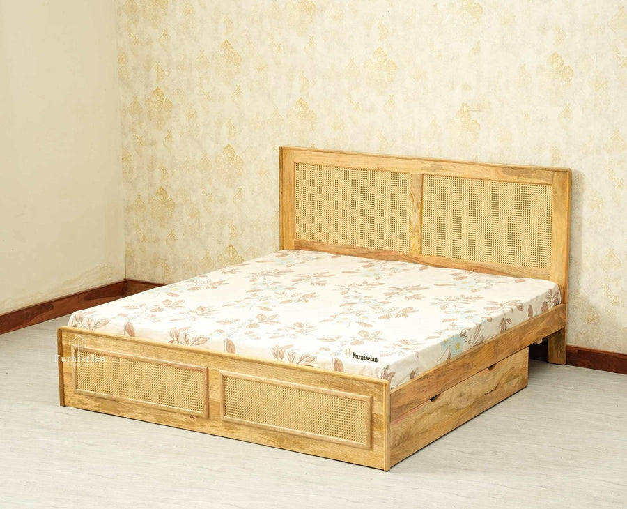Boston Solid Wood Rattan Cane King Size Bed With Storage Drawers Furniselan natural finish
