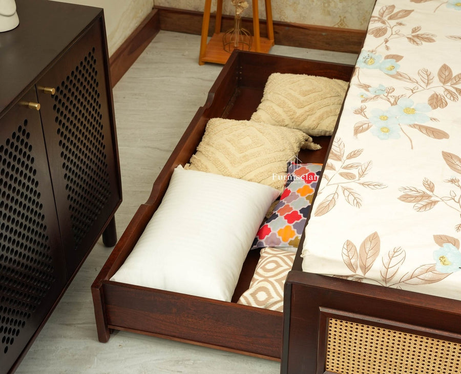 Boston Solid Wood Rattan Cane King Size Bed With Storage Drawers Furniselan grey finish