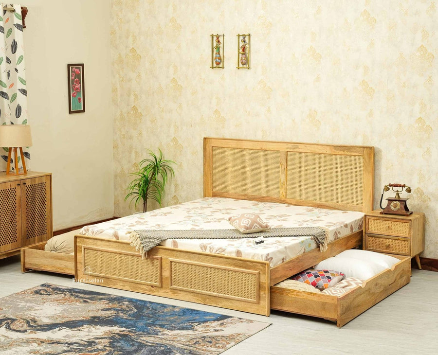 Boston Solid Wood Rattan Cane King Size Bed With Storage Drawers Furniselan natural finish