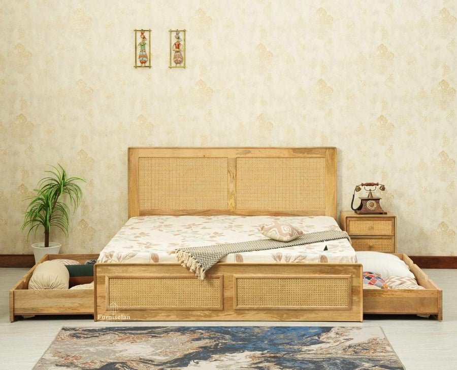 Boston Solid Wood Rattan Cane King Size Bed With Storage Drawers Furniselan natural finish