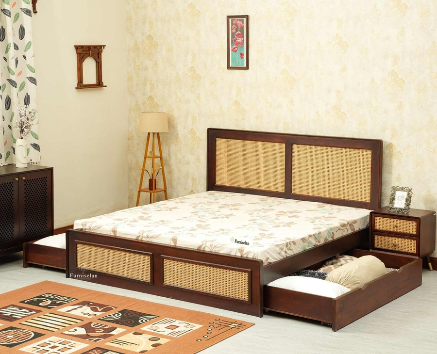 Boston Solid Wood Rattan Cane King Size Bed With Storage Drawers Furniselan grey finish