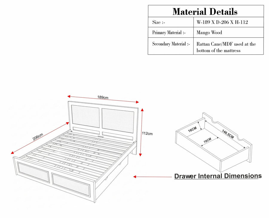 Boston Solid Wood Rattan Cane King Size Bed With Storage Drawers - King Size Bed - Furniselan