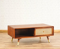 Boston Solid Wood Rattan Cane One Drawer Coffee Table Furniselan - Brown-Finish