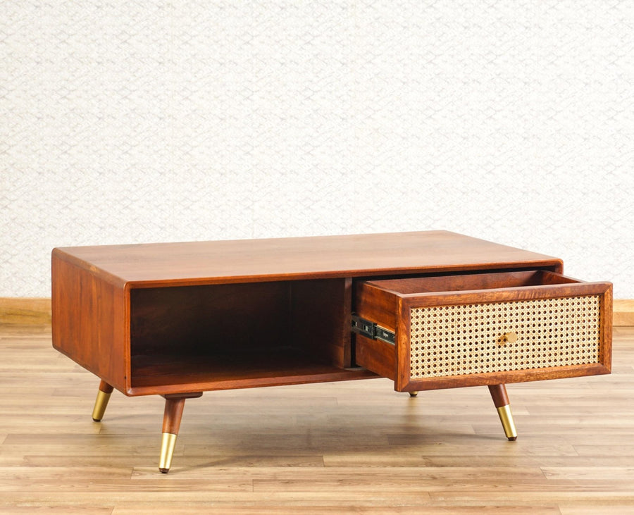 Boston Solid Wood Rattan Cane One Drawer Coffee Table Furniselan - Brown-Finish