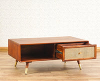 Boston Solid Wood Rattan Cane One Drawer Coffee Table Furniselan - Brown-Finish
