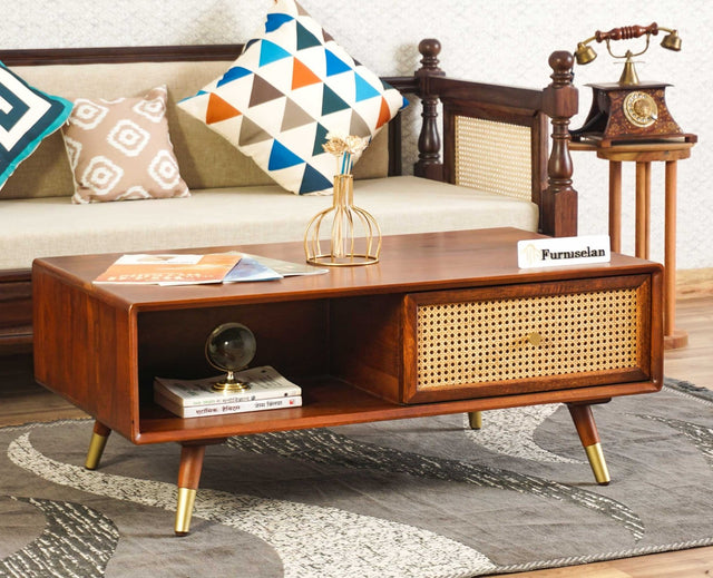 Boston Solid Wood Rattan Cane One Drawer Coffee Table Furniselan - Brown-Finish
