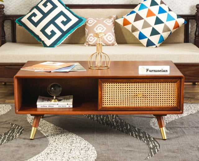 Boston Solid Wood Rattan Cane One Drawer Coffee Table Furniselan - Brown-Finish