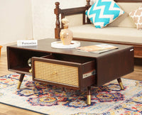 Boston Solid Wood Rattan Cane One Drawer Coffee Table Furniselan -  Grey-Finish