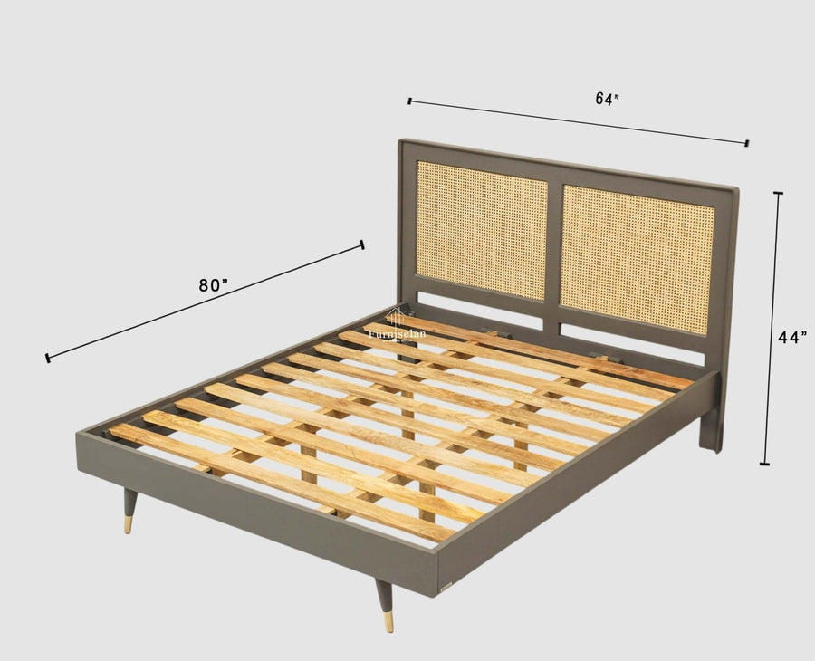 Boston Solid Wood Rattan Cane Queen Size Bed - Queen Size Bed - Furniselan Slate-Grey